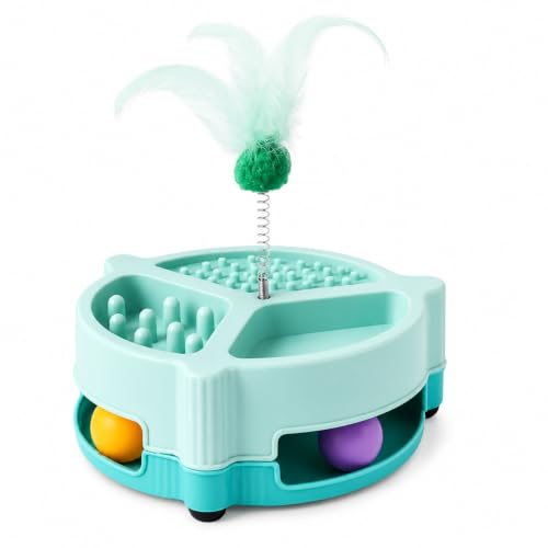 Image of PetVogue Interactive Cat Toy with Spring Feather Teaser, Rolling Ball Track, Treat Puzzle & Slow Feeder,Indoor Kitten Exercise Toy, Durable Plastic Cat Enrichment Toy for Cats & Kittens