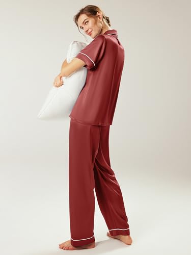 Image of AW BRIDAL Womens Satin Pajama Set Soft Short Sleeve Silk Pajamas Button Down Loungewear Sleepwear Two Piece Pj Sets, S-XL