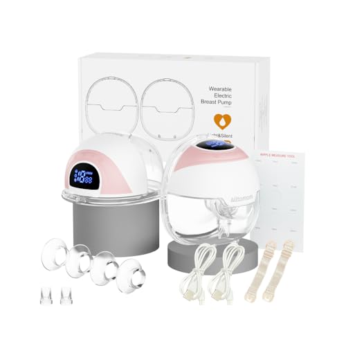 Alltomom Breast Pump Hands Free Wearable Breastfeeding Pump with Adjustable Suction Electric Portable Wireless Breast Pump of Baby Mouth Double-Sealed Flange with 3 Modes & 9 Levels 24mm, 2 Pack