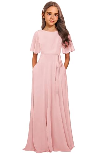 Chiffon Junior Bridesmaid Dresses for Wedding A-Line Short Sleeve Flower Girl Dress with Pockets Party Pageant Gowns3