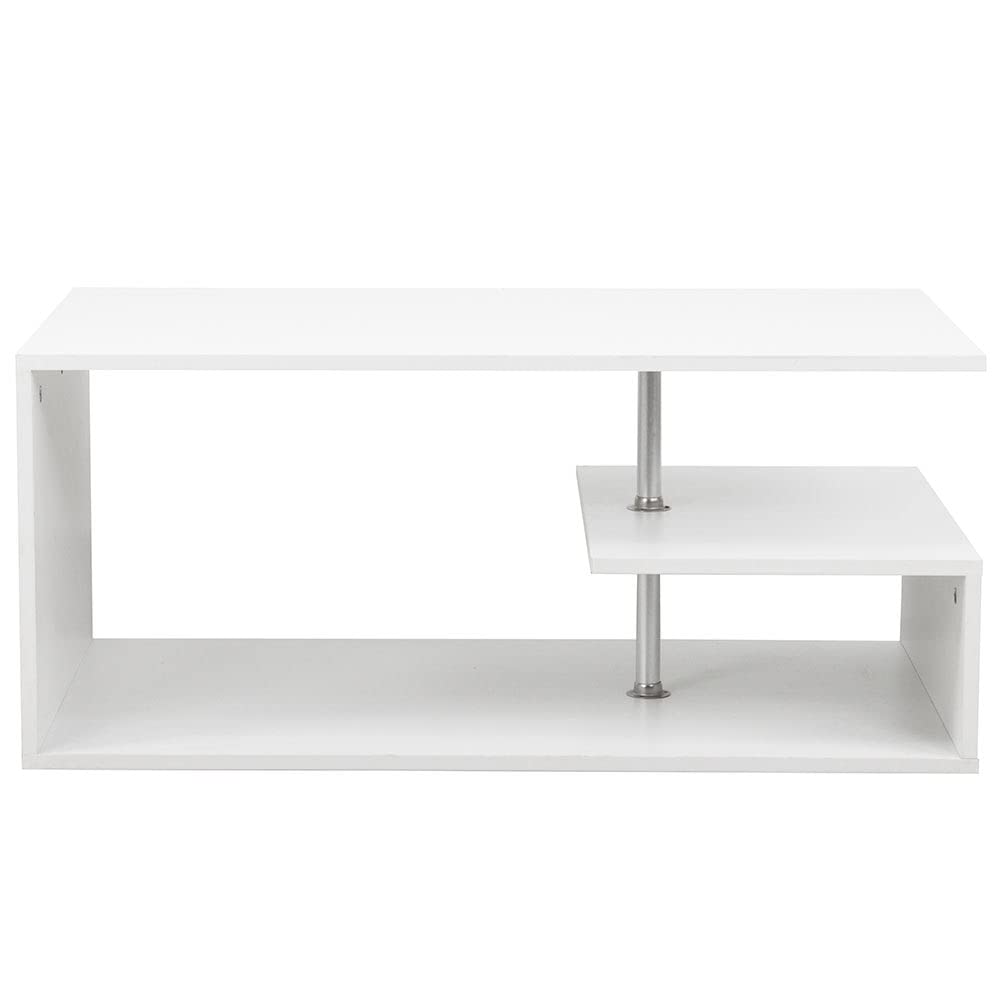BAKAJI Mesita de salón Blanca para Sala de Estar, café, para Ordenador, Mesa de salón Lateral, sofá con Doble Estante y Estructura de Madera, diseño Moderno, 41 x 91 x 52,6 cm, decoración para el