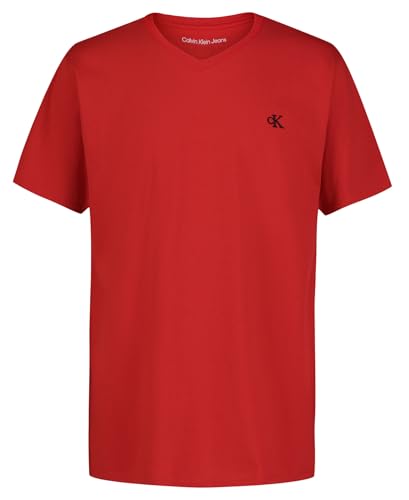 Calvin Klein Boys' Short Sleeve Solid V-Neck T-Shirt, Soft, Comfortable, Relaxed Fit, Racing Red, 10-12