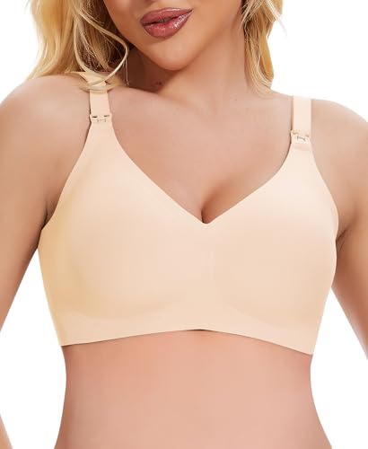 QooNoo Still BH Ohne Bügel Schwangerschafts BH Damen Push Up Große Brüste(V-Hals Beige#433 Vine,L)