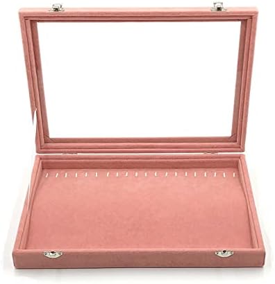 Jewelry Box Velvet Jewelry Storage Box with Glass Cover Pink Color Earrings Necklace Bracelet Ring Storage Tray and Display Props 35 x 24 x 5cm (Necklace Box)