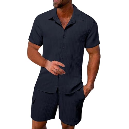 Generisch Conjunto completo de verano para hombre, traje hawaiano monocromático, traje de lino para hombre, traje de playa, transpirable, traje de ocio, corte regular, chándal, cuello de solapa
