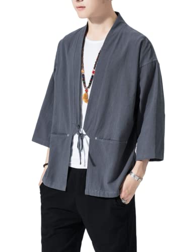Image of Men's Japanese Kimono Cardigan Loose Cotton Linen 3 /4 Sleeve Open Front Casual Summer Shirt Jackets