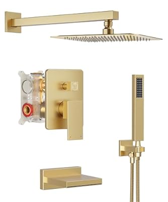 HoliSpa Gold Tub Shower System, All Metal Tub Shower Faucet Set with 12" Rain Shower Head and Handheld Spray combo, Wall Mounted Shower Systems with Tub Spout, Valve and Trim Kit, Brushed Gold