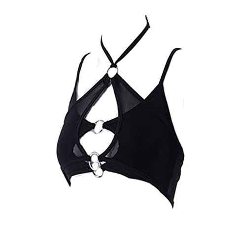 Women's Metallic Mesh Sexy Chain Crop Top Bra Backless Halter Crisscross Sleeveless See Through Vest T Shirt with O Ring, Small, Black4