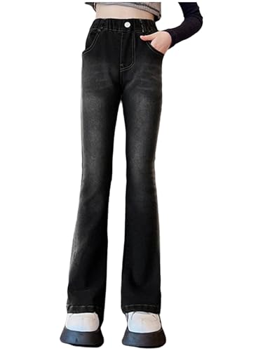 JanJean Kids Girls Washed Slim-Fit Flared Jeans Casual Trousers Elastic Waistband Bell-Bottom Denim Pants with Pockets2