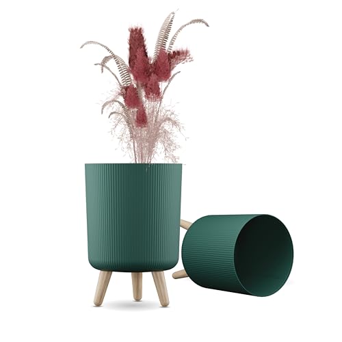 Image of StyleX Store Modern White Flower Pot with Plastic Legs | Indoor Outdoor Planter for Home Garden Balcony Decor Ribbed Design Sturdy Plastic Mid-Century Style (Green Pack of 2)