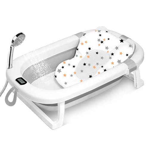 حوض استحمام للأطفال قابل للطي مزوّد بوسادة ناعمة ومقياس حرارة وفتحة تصريف مع أرجل دعم غير قابلة للانزلاق مناسب للأولاد والبنات من عمر 0 إلى 6 سنوات من سكاي تاتش، لون رمادي