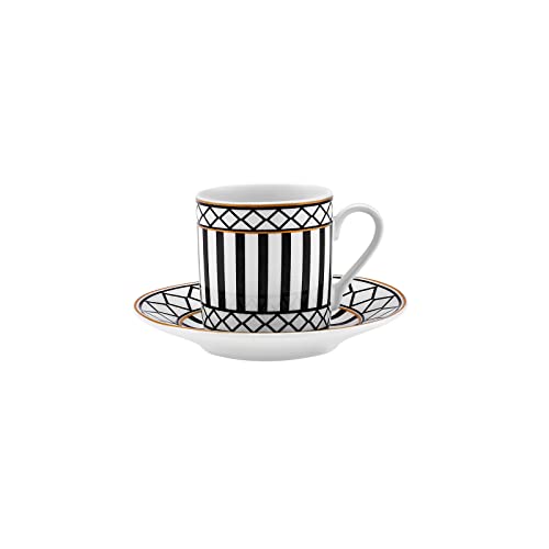 KARACA Helenistik Porcelain Turkish Coffee Cups Set for 6 People - 12 Piece Espresso Cup with Saucers - Drinking Serving Gift Set for Women - Ideal for Serving Turkish Coffee (Black and White, 80 ml)