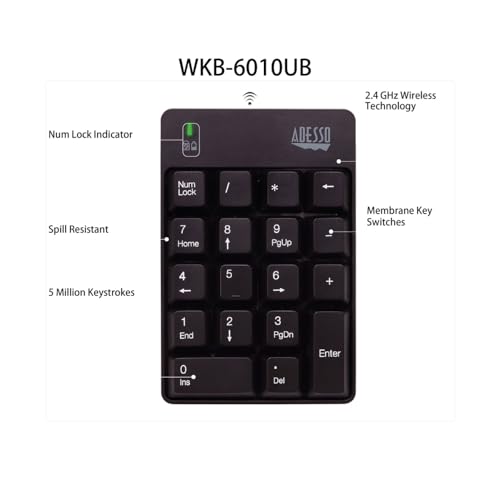 Image of Adesso WKB-6010UB - Wireless Spill Resistant 18-Key Numeric Keypad Number Pad, Black