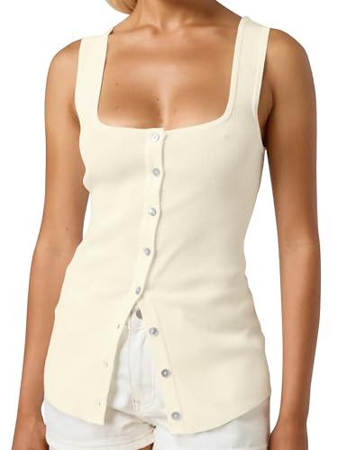 Image of Women Square Neck Button Down Knit Tank Top Button-Up U Neck Sleeveless Backless Solid Slim Sexy Sweater Vest Tops