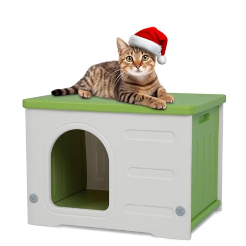 Rockever Casa de plástico para gatos al aire libre, resistente al agua, casa de gato salvaje para interiores y exteriores, casa resistente para gatos al aire libre, verde