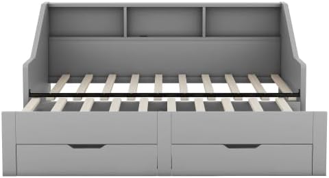 Harper & Bright Designs Twin to King Size Extendable Daybed with 2 Drawers and Storage Bookcases, Wooden Twin Daybed Frame with USB Charging, Grey