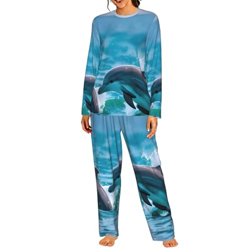 Pyjama assorti manches longues femme vêtement de nuit élastique dauphin