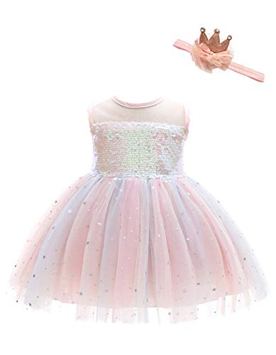 Weileenice Christmas Blush Pink Flower Baby Girl Sequin Dress Rainbow Tulle Pastel 6-12 Months Infant Wedding Pageant Formal Photo Shoot Outfit Peach Little Girls Birthday Party Rainbow Tutu Dresses