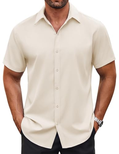COOFANDY Mens Button Down Shirts Short Sleeve Casual Dress Shirts Summer Untucked Shirts Beige X-Large