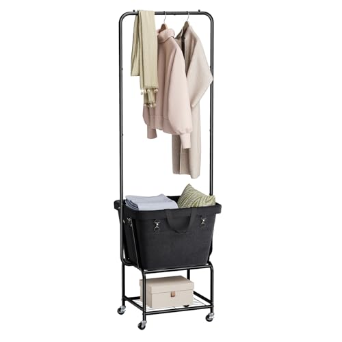 ELYKEN Laundry Cart with Hanging Rack, Rolling Laundry Hamper with Wheels, Laundry Basket with Removable Liner Bag and Shelf, Sturdy Metal Frame Dirty Clothes Basket for Hotel, Home, Closet, Dorm