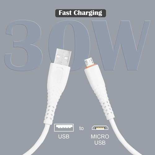 Image of USB A to Micro USB V8 Cable, Reliable Charging & High-Speed Data Transfer, White Charging Cord Compatible with Android Phones, Cameras & Accessories (Free Cable Protector)