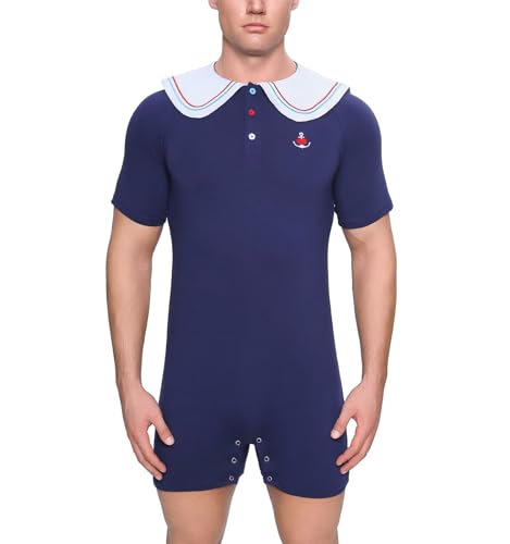 Men’s Cotton Onesie Sailor Collar Bodysuit Short Sleeve Print Romper Pajama - Captain3