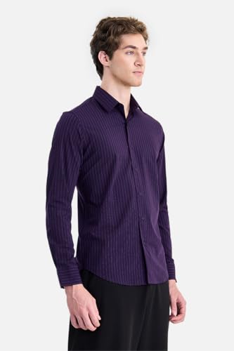 Image of SNITCH Luxe Men Formal Shirt | Slim Fit Full Sleeve Spread Collar Pinstripe Design | Breathable Viscose Blend & Stretch Fabric for Office Wear & Business Meetings