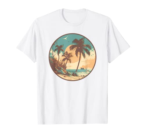Retro Palm Tree Sunset 70s 80s Waves Beach Estate Uomini Donne Maglietta