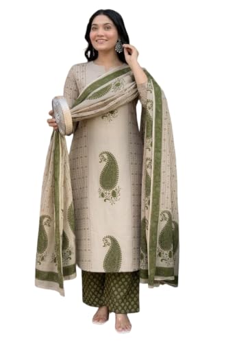 Image of Nermosa Women's Pure Viscose Block Printed Ethnic Wear Straight Kurta Set with Palazzo Pants & Dupatta | Kurta Set for Women | 3 Piece Set