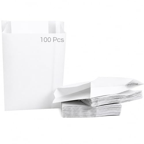 BOLSAS DE PAPEL Kraft Pequeñas BLANCAS 14+5x24 cm/Pack de 100 Bolsas Ecológicas y Reciclables para Bocadillos, Sandwich, Pan, Snacks y Alimentos – Bolsas Resistentes para Uso Alimentario, Hostelería