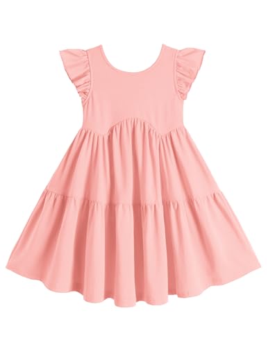 Arshiner Toddler Girls Dress Cute Pink Flutter Sleeve Party Swing Tiered Sundress Outfit for Little Girls for 6-7 Years