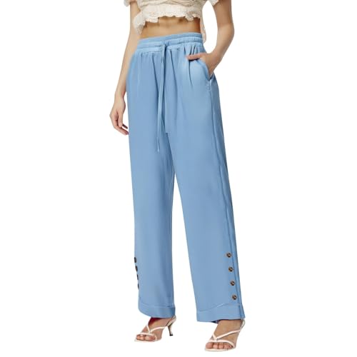 Generisch Damen Casual Einfarbig Elastische Taille Einfarbig Imitation Und Leinen Lose Gerade Knopfhose Damen Hose 36 Stretch (Light Blue, XXXL)
