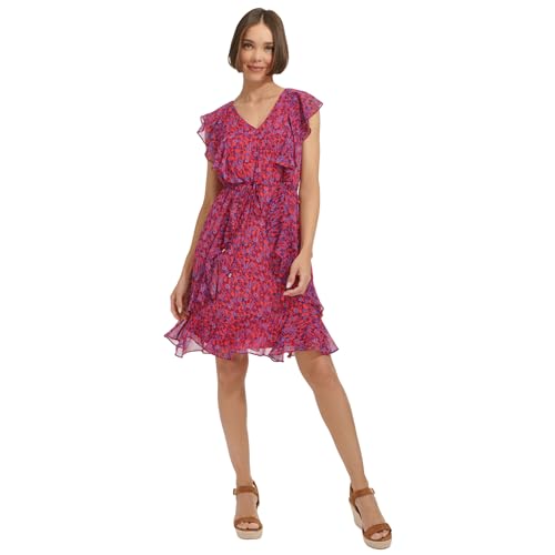Image of Tommy Hilfiger Women's Sleeveless V-Neck Ruffle Trim Tie Waist Chiffon Mini Dress