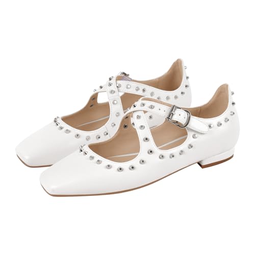 Ballet Flats for Women Cross Band Square Toe with Stud Mary Janes Buckle Strap Ballerina Shoes Slip On Elegant Dress Shoes4