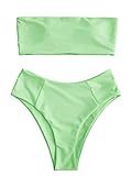 ZAFUL Women Strapless Bandeau Bikini Shell 2 Piece Swimwear Cheeky Solid Lace up Pom Bathing Suits 0-Mint Green M
