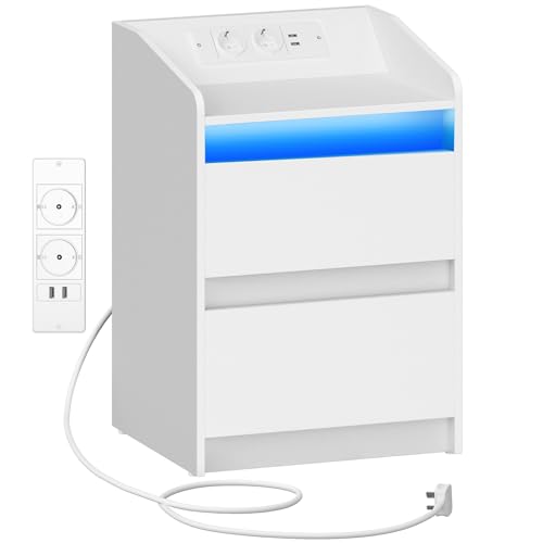 Hzuaneri Tables de Chevet avec lumières LED, Station de Chargement et 2 tiroirs, Table d'appoint avec Ports USB et Prises électriques, pour la Chambre à...