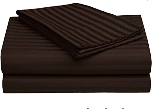 Image of KAWI Satin Cotton 220 TC Striped Elastic Fitted Bedsheet Queen Size (78X72XUp To 6 Inches Mattress)-Brown Color