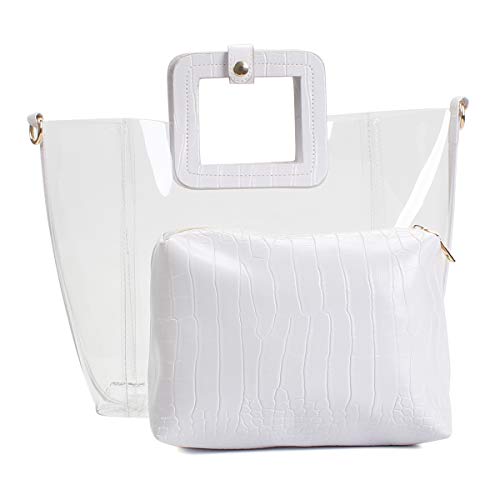 Poxas Classic PVC Jelly Bag Waterproof Clear Purse Tote Handbag Beach Shoulder Bags (White)