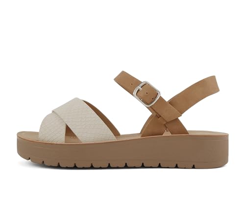 Image of Soda CHESTER ~ Women Flat Sandals Flatform Ankle Buckle Criss Cross Band Straps Sandals Shoes (Gold Raffia, 5.5)