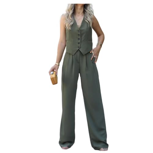 Arianna Elegant Two Piece Set for Women Linen Suit Vest and Wide Leg Pants Outfits Sleeveless Suit Vest Casual Blazer Sets