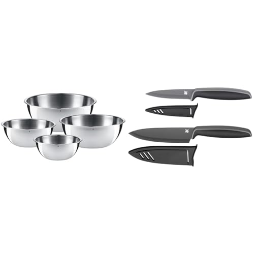 WMF Gourmet Schüsselset 4-teilig, für die Küche 0,75l-2,75l & Touch Messerset 2-teilig, Küchenmesser mit Schutzhülle, Spezialklingenstahl antihaftbeschichtet, scharf, Kochmesser, Gemüsemesser, schwarz