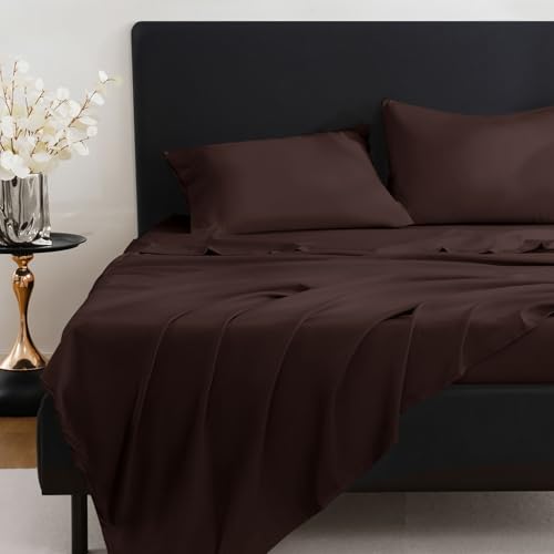 Image of MCO Breathable Bed Sheets Set - Rayon Derived from Bamboo Sheets - Cool Bedding Set with 16" Deep Pocket (4 Pcs, King, Chocolate Brown)