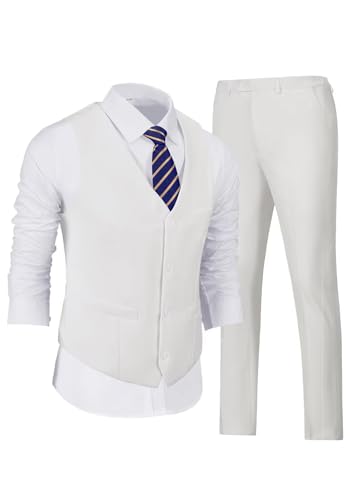 Wehilion Mens Suit Vest Pant Set Ivory, 2 Pieces Groomsmen Prom Formal Waistcoat IV-S