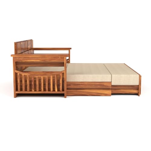 Image of Mamta Furniture Sheesham Wood Sofa Cum Bed with Storage Modern Wooden Sofa Set for Living Room Bedroom Furniture 3 Seater Convertible Sofa Cum Bed in Honey Finish