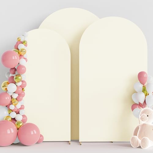 Image of Wokceer Wedding Arch Cover (7.2FT, 6.6FT, 6FT) Set of 3 Spandex Fitted Wedding Arch Stand Covers for Round Top Chiara Arch Backdrop Stands Cover for Birthday Party Ceremony Banquet Decor Ivory