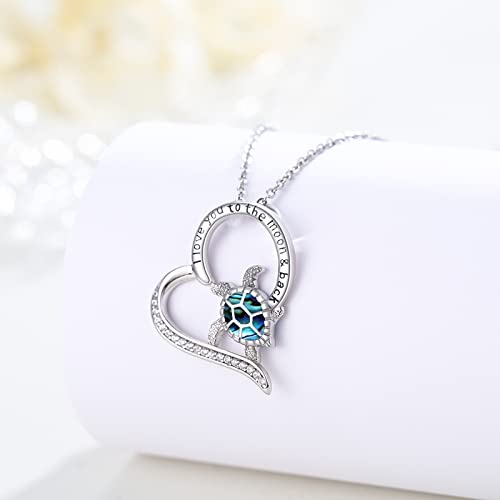 Aoveao Turtle Necklace 925 Sterling Silver Ocean Sea Turtle Pendant Necklace,Heart I Love You To The Moon And Back Necklace,Hawaii Beach Theme Turtle Jewelry Gifts For Women Girls Turtle Lovers #TOP1