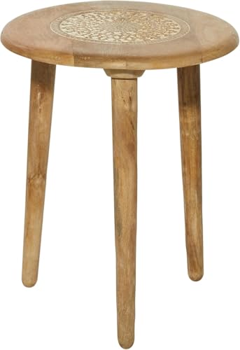 Image of Three-Legged Wood Table A Contemporary Round Coffee Table and Side Table with Pillars for Natural Plants, Books, and Magazines in Compact Spaces (Natural)