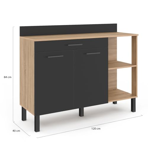 IDMarket Buffet bas de cuisine 120 CM CINA plan de travail H.83 cm 2 portes + tiroir façon hêtre et - vue 4