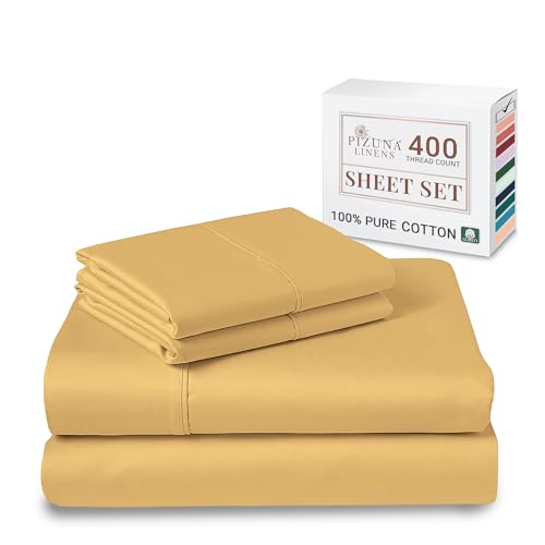 Pizuna Pure Combed Cotton Full Bed Sheet Set Golden Yellow, 400 Thread Count Cozy Luxury 100% Long Staple Cotton Sateen Weave Bedsheet Set (1 Flat Sheet, 1 Fitted Sheet, 2 Pillowcases)