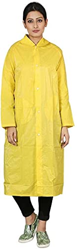 BRATS N BEAUTY® - Unisex Long (Knee Length) Waterproof Resuable Raincoat/Rain Pochos (EVA Material) with Detachable Hood (Buttoned) -Yellow